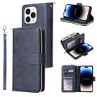 For iPhone 14 Pro Max 9 Card Slots Zipper Wallet Bag Leather Phone Case (Blue) - 1