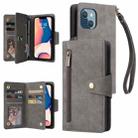 For iPhone 14 Plus Rivet Buckle 9 Cards Three Fold Leather Phone Case (Grey) - 1