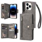 For iPhone 14 Pro Rivet Buckle 9 Cards Three Fold Leather Phone Case(Grey) - 1