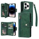 For iPhone 14 Pro Max Rivet Buckle 9 Cards Three Fold Leather Phone Case (Green) - 1