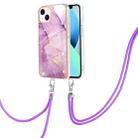 For iPhone 14 Electroplating Marble Pattern IMD TPU Shockproof Case with Neck Lanyard (Purple 001) - 1