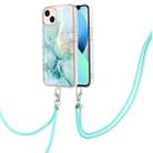 For iPhone 14 Electroplating Marble Pattern IMD TPU Shockproof Case with Neck Lanyard (Green 003) - 1