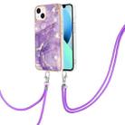 For iPhone 14 Plus Electroplating Marble Pattern IMD TPU Shockproof Case with Neck Lanyard (Purple 002) - 1