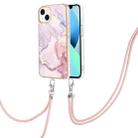 For iPhone 14 Plus Electroplating Marble Pattern IMD TPU Shockproof Case with Neck Lanyard (Rose Gold 005) - 1