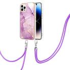 For iPhone 14 Pro Electroplating Marble Pattern IMD TPU Shockproof Case with Neck Lanyard(Purple 001) - 1