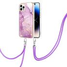 For iPhone 14 Pro Max Electroplating Marble Pattern IMD TPU Shockproof Case with Neck Lanyard (Purple 001) - 1