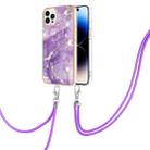 For iPhone 14 Pro Max Electroplating Marble Pattern IMD TPU Shockproof Case with Neck Lanyard (Purple 002) - 1