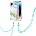 For iPhone 14 Pro Max Electroplating Marble Pattern IMD TPU Shockproof Case with Neck Lanyard (Green 004) - 1