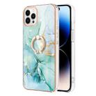 For iPhone 14 Pro Electroplating Marble Pattern IMD TPU Shockproof Case with Ring Holder(Green 003) - 1