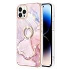 For iPhone 14 Pro Max Electroplating Marble Pattern IMD TPU Shockproof Case with Ring Holder (Rose Gold 005) - 1