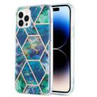 For iPhone 14 Pro Max Electroplating Splicing Marble Flower Pattern Dual-side IMD TPU Shockproof Phone Case (Blue Green) - 1