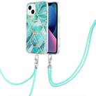 For iPhone 14 Electroplating Splicing Marble Pattern Dual-side IMD TPU Shockproof Case with Neck Lanyard (Blue) - 1