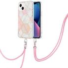 For iPhone 14 Plus Electroplating Splicing Marble Pattern Dual-side IMD TPU Shockproof Case with Neck Lanyard (Pink White) - 1