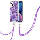 For iPhone 14 Plus Electroplating Splicing Marble Pattern Dual-side IMD TPU Shockproof Case with Neck Lanyard (Dark Purple) - 1
