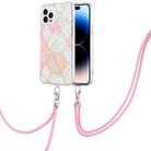 For iPhone 14 Pro Electroplating Splicing Marble Pattern Dual-side IMD TPU Shockproof Case with Neck Lanyard(Pink White) - 1