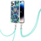 For iPhone 14 Pro Electroplating Splicing Marble Pattern Dual-side IMD TPU Shockproof Case with Neck Lanyard(Blue Green) - 1