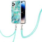 For iPhone 14 Pro Electroplating Splicing Marble Pattern Dual-side IMD TPU Shockproof Case with Neck Lanyard(Blue) - 1