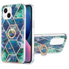 For iPhone 14 Electroplating Splicing Marble Pattern Dual-side IMD TPU Shockproof Case with Ring Holder (Blue Green) - 1