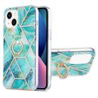 For iPhone 14 Electroplating Splicing Marble Pattern Dual-side IMD TPU Shockproof Case with Ring Holder (Blue) - 1