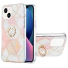 For iPhone 14 Plus Electroplating Splicing Marble Pattern Dual-side IMD TPU Shockproof Case with Ring Holder (Pink White) - 1