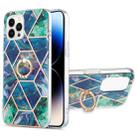 For iPhone 14 Pro Electroplating Splicing Marble Pattern Dual-side IMD TPU Shockproof Case with Ring Holder(Blue Green) - 1