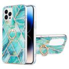 For iPhone 14 Pro Electroplating Splicing Marble Pattern Dual-side IMD TPU Shockproof Case with Ring Holder(Blue) - 1