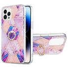 For iPhone 14 Pro Electroplating Splicing Marble Pattern Dual-side IMD TPU Shockproof Case with Ring Holder(Light Purple) - 1