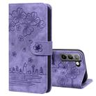 For Samsung Galaxy S22 5G Cartoon Sakura Cat Embossed Leather Phone Case(Purple) - 1