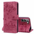 For Samsung Galaxy S22 5G Cartoon Sakura Cat Embossed Leather Phone Case(Wine Red) - 1