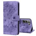 For Samsung Galaxy S22+ 5G Cartoon Sakura Cat Embossed Leather Phone Case(Purple) - 1