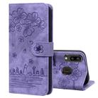 For Samsung Galaxy A20 / A30 Cartoon Sakura Cat Embossed Leather Phone Case(Purple) - 1