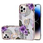 For iPhone 14 Pro Electroplating Pattern IMD TPU Shockproof Case with Rhinestone Ring Holder(Purple Flower) - 1