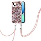 For iPhone 14 Plus Electroplating Pattern IMD TPU Shockproof Case with Neck Lanyard (Pink Scales) - 1