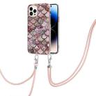 For iPhone 14 Pro Electroplating Pattern IMD TPU Shockproof Case with Neck Lanyard(Pink Scales) - 1