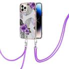 For iPhone 14 Pro Electroplating Pattern IMD TPU Shockproof Case with Neck Lanyard(Purple Flower) - 1