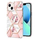 For iPhone 14 Electroplating Splicing Marble Flower Pattern TPU Shockproof Case (Pink Flower) - 1