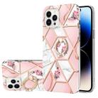 For iPhone 14 Pro Electroplating Splicing Marble Flower Pattern TPU Shockproof Case with Rhinestone Ring Holder(Pink Flower) - 1