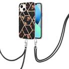 For iPhone 14 Plus Electroplating Splicing Marble Flower Pattern TPU Shockproof Case with Lanyard (Black Flower) - 1