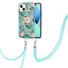 For iPhone 14 Plus Electroplating Splicing Marble Flower Pattern TPU Shockproof Case with Lanyard (Blue Flower) - 1