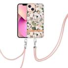 For iPhone 14 Flowers and Plants Series IMD TPU Phone Case with Lanyard (Green Gardenia) - 1