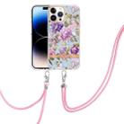 For iPhone 14 Pro Max Flowers and Plants Series IMD TPU Phone Case with Lanyard (Purple Peony) - 1