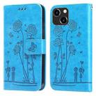 For iPhone 14 Plus Embossing Rose Couple Leather Phone Case (Blue) - 1