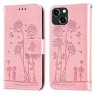 For iPhone 14 Plus Embossing Rose Couple Leather Phone Case (Pink) - 1