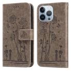 For iPhone 14 Pro Embossing Rose Couple Leather Phone Case(Grey) - 1