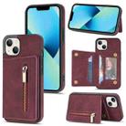 For iPhone 14 Plus Zipper Card Holder Phone Case (Wine Red) - 1