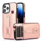 For iPhone 14 Pro Max Wristband Kickstand Wallet Leather Phone Case (Rose Gold) - 1