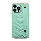 For iPhone 13 Pro D03 Heart PU Electroplated Phone Case with Wrist Strap (Light Green) - 1