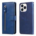 For iPhone 14 Pro Max Fashion Calf Texture Zipper Horizontal Flip Leather Phone Case (Blue) - 1