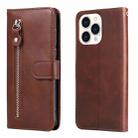 For iPhone 14 Pro Max Fashion Calf Texture Zipper Horizontal Flip Leather Phone Case (Brown) - 1