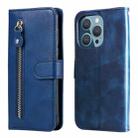 For iPhone 14 Pro Fashion Calf Texture Zipper Horizontal Flip Leather Phone Case(Blue) - 1